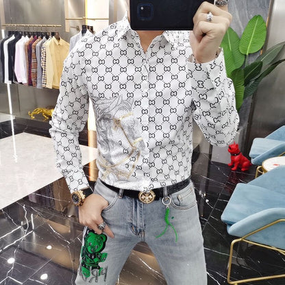 【#A430】Men Vintage Interlink Print Rhinestone Horse Long Sleeve Shirt, Smooth Slim Luxury Blouse