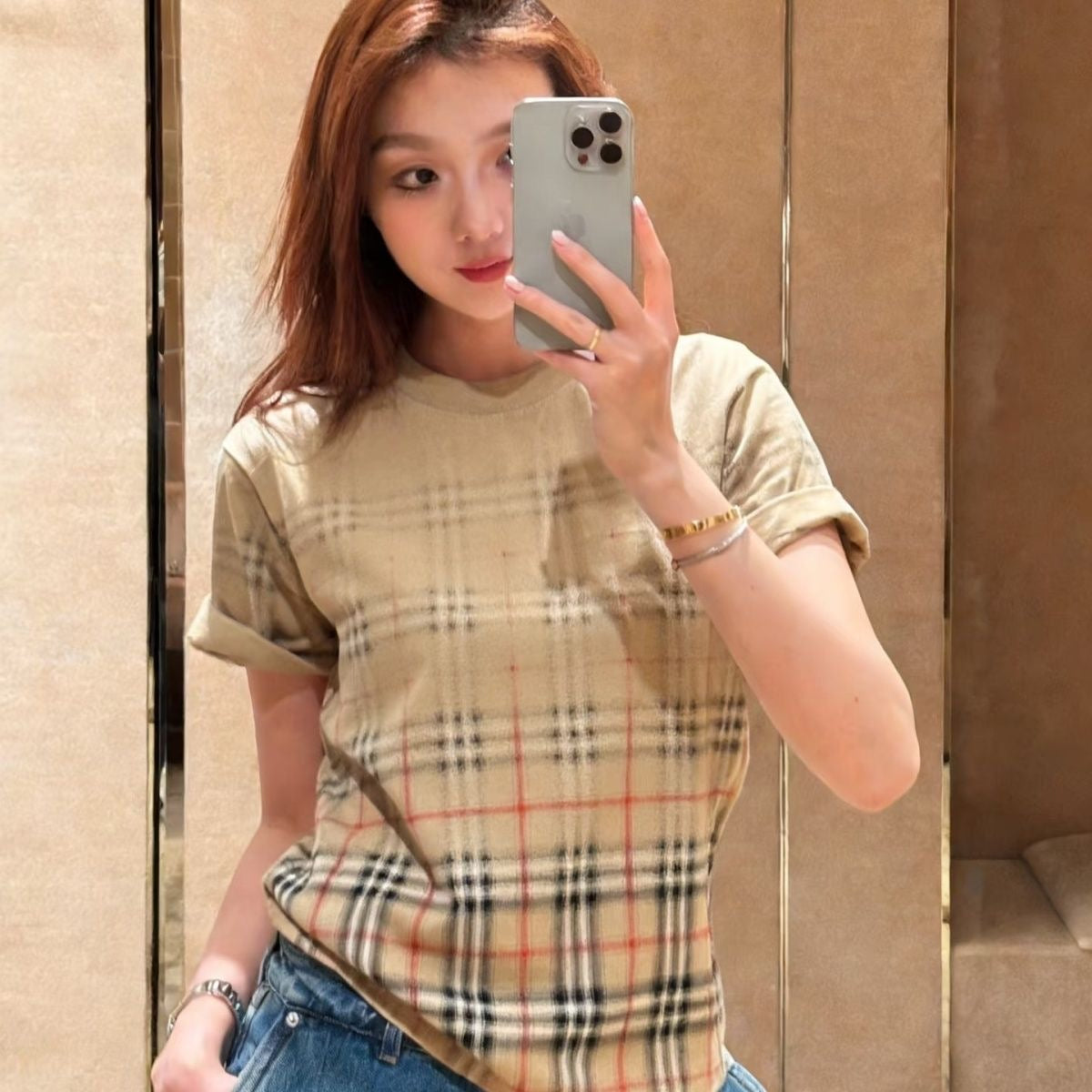【#A431】Vintage Gradient Plaid Short Sleeve T-shirt, Unisex Loose Crew Neck Casual Top