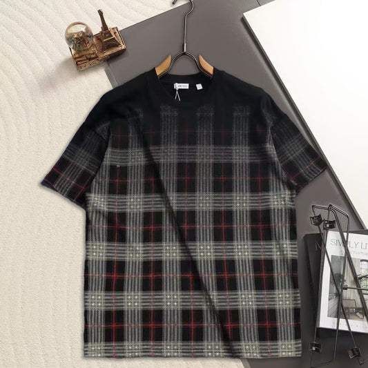 【#A431】Vintage Gradient Plaid Short Sleeve T-shirt, Unisex Loose Crew Neck Casual Top