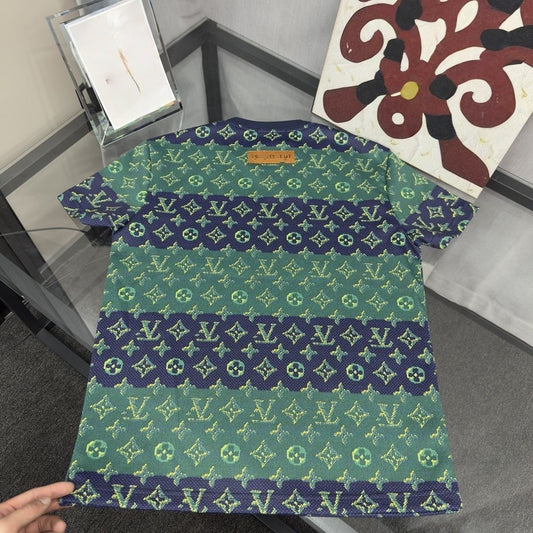 【#A432】Vintage Color Block Stripe All Over Print T-shirt, Breathable Mesh Crew Neck Loose Casual Tee