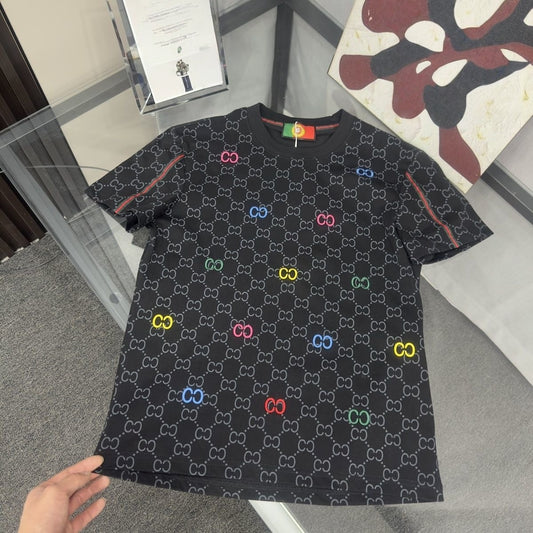 【#A433】Men Vintage Interlink Print T-shirt, Color Accent Crew Neck Casual Short Sleeve Top