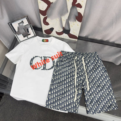 Men Embroidered Letter T-shirt Set, All Print Casual Shorts Two Piece Outfit