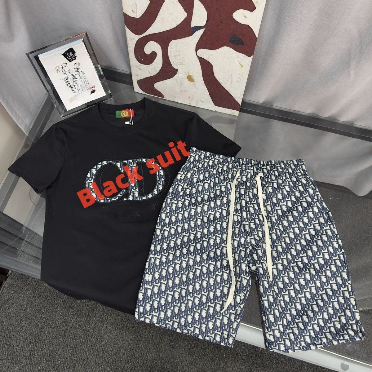 Men Embroidered Letter T-shirt Set, All Print Casual Shorts Two Piece Outfit