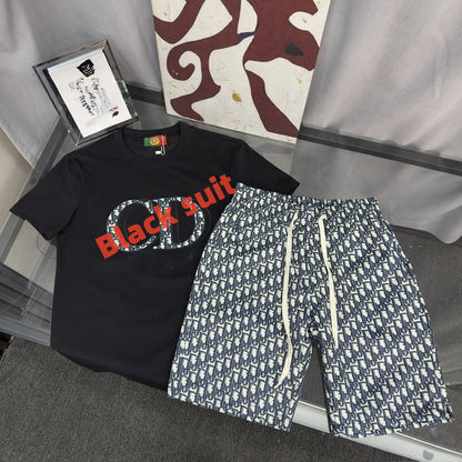 Men Embroidered Letter T-shirt Set, All Print Casual Shorts Two Piece Outfit
