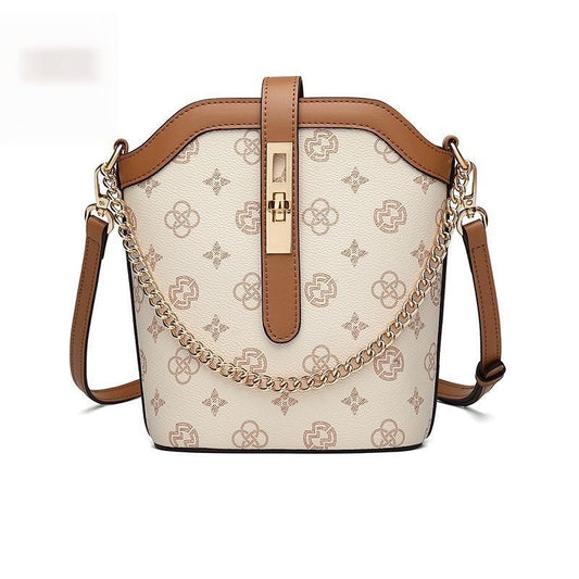 【#A435】Women Vintage Print Mini Bucket Bag, Chain Decor Crossbody Shoulder Purse