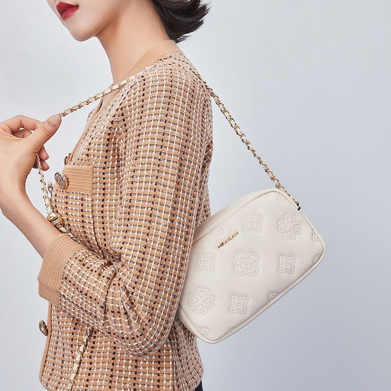 【#A437】Women Embossed Clover Mini Camera Bag, Adjustable Gold Ball Chain Crossbody Purse