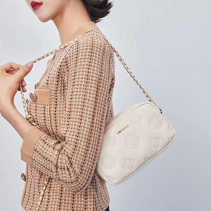 【#A437】Women Embossed Clover Mini Camera Bag, Adjustable Gold Ball Chain Crossbody Purse