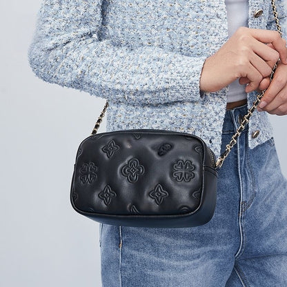 【#A437】Women Embossed Clover Mini Camera Bag, Adjustable Gold Ball Chain Crossbody Purse
