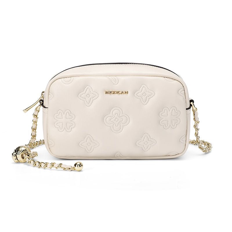 【#A437】Women Embossed Clover Mini Camera Bag, Adjustable Gold Ball Chain Crossbody Purse