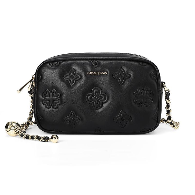 【#A437】Women Embossed Clover Mini Camera Bag, Adjustable Gold Ball Chain Crossbody Purse