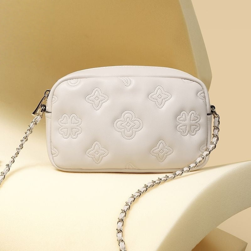 【#A437】Women Embossed Clover Mini Camera Bag, Adjustable Gold Ball Chain Crossbody Purse
