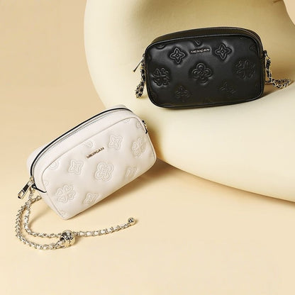 【#A437】Women Embossed Clover Mini Camera Bag, Adjustable Gold Ball Chain Crossbody Purse