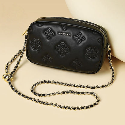 【#A437】Women Embossed Clover Mini Camera Bag, Adjustable Gold Ball Chain Crossbody Purse