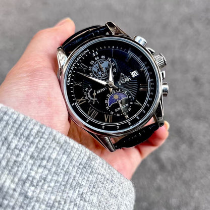 【#A438】Men Multi-Function Moon Phase Chronograph Watch, Business Roman Scale Leather Quartz Wristwatch