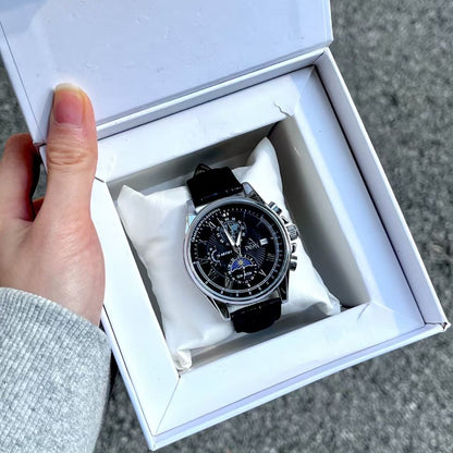 【#A438】Men Multi-Function Moon Phase Chronograph Watch, Business Roman Scale Leather Quartz Wristwatch