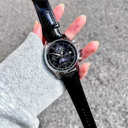 【#A438】Men Multi-Function Moon Phase Chronograph Watch, Business Roman Scale Leather Quartz Wristwatch