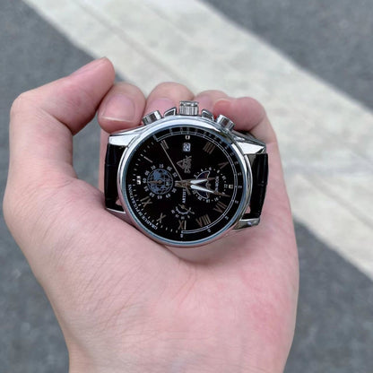 【#A438】Men Multi-Function Moon Phase Chronograph Watch, Business Roman Scale Leather Quartz Wristwatch