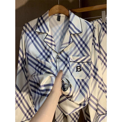 【#A439】Fresh Blue White Plaid Silk Pajama Set, Lapel Long Sleeve & Pants Loose Loungewear Two Piece Set