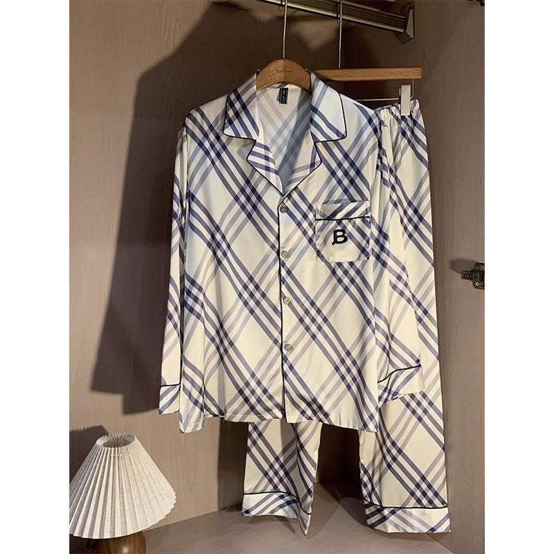 【#A439】Fresh Blue White Plaid Silk Pajama Set, Lapel Long Sleeve & Pants Loose Loungewear Two Piece Set