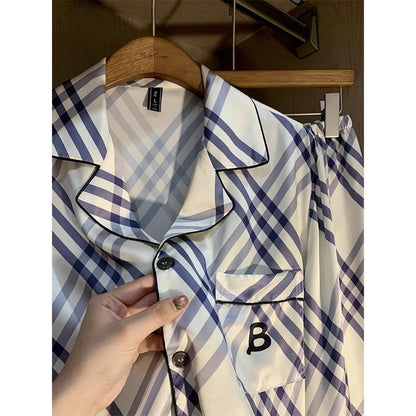 【#A439】Fresh Blue White Plaid Silk Pajama Set, Lapel Long Sleeve & Pants Loose Loungewear Two Piece Set
