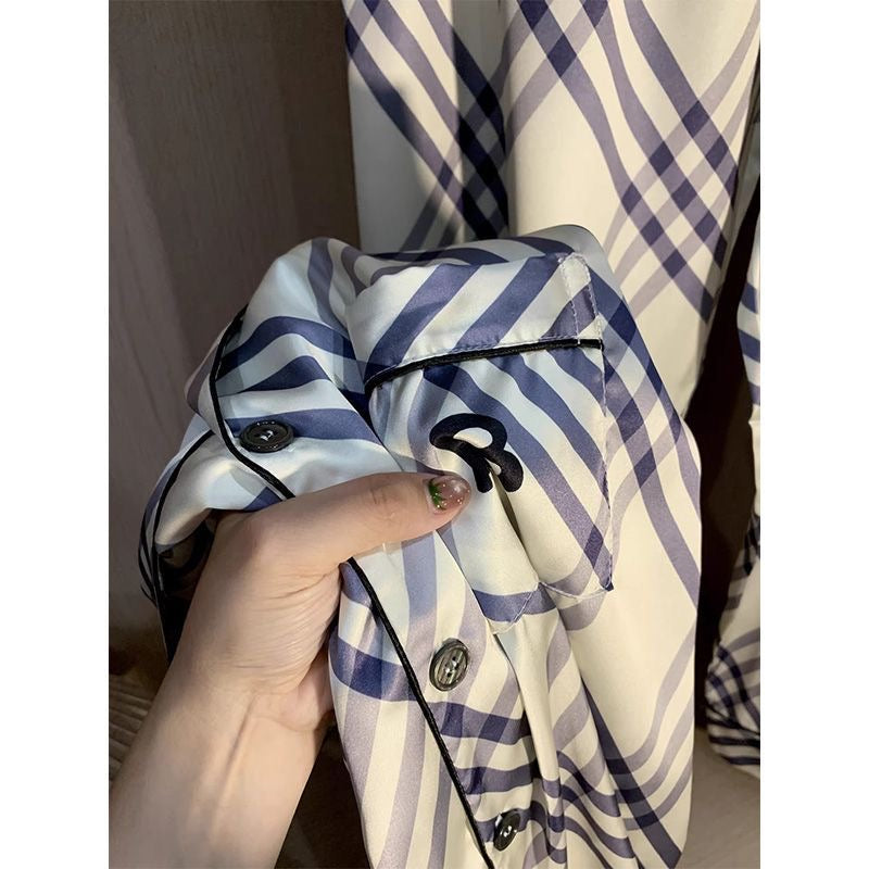 【#A439】Fresh Blue White Plaid Silk Pajama Set, Lapel Long Sleeve & Pants Loose Loungewear Two Piece Set