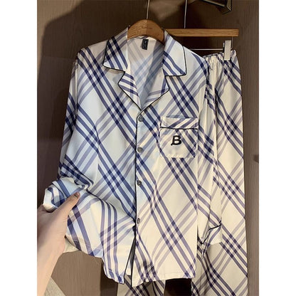 【#A439】Fresh Blue White Plaid Silk Pajama Set, Lapel Long Sleeve & Pants Loose Loungewear Two Piece Set