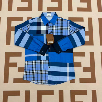 【#A440】Fresh Blue White Plaid Silk Pajama Set, Lapel Long Sleeve & Pants Loose Loungewear Two Piece Set