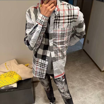 【#A440】Fresh Blue White Plaid Silk Pajama Set, Lapel Long Sleeve & Pants Loose Loungewear Two Piece Set