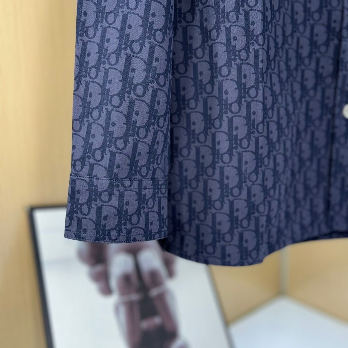 【#A441】Men Navy All Over Hidden Print Long Sleeve Shirt, Smooth Lightweight Luxury Lapel Blouse