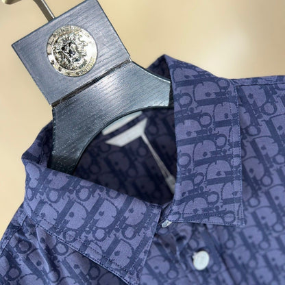 【#A441】Men Navy All Over Hidden Print Long Sleeve Shirt, Smooth Lightweight Luxury Lapel Blouse