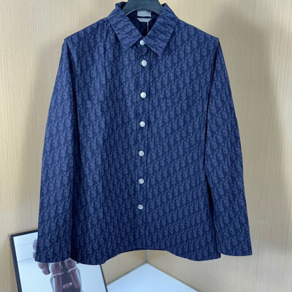 【#A441】Men Navy All Over Hidden Print Long Sleeve Shirt, Smooth Lightweight Luxury Lapel Blouse