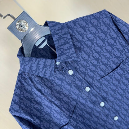 【#A441】Men Navy All Over Hidden Print Long Sleeve Shirt, Smooth Lightweight Luxury Lapel Blouse