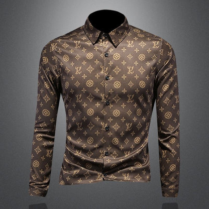 【#A442】Men Luxury Monogram Print Slim Fit Long Sleeve Shirt, Smooth Ice Silk Business Casual Blouse