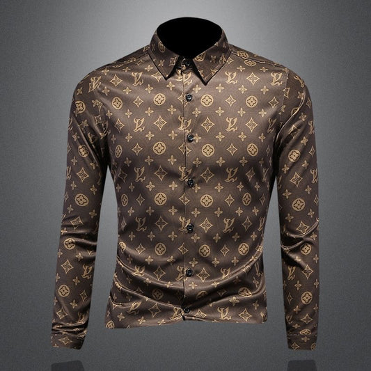 【#A442】Men Luxury Monogram Print Slim Fit Long Sleeve Shirt, Smooth Ice Silk Business Casual Blouse