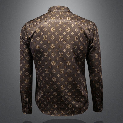 【#A442】Men Luxury Monogram Print Slim Fit Long Sleeve Shirt, Smooth Ice Silk Business Casual Blouse