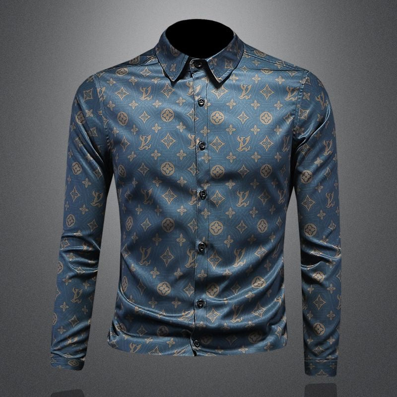 【#A442】Men Luxury Monogram Print Slim Fit Long Sleeve Shirt, Smooth Ice Silk Business Casual Blouse