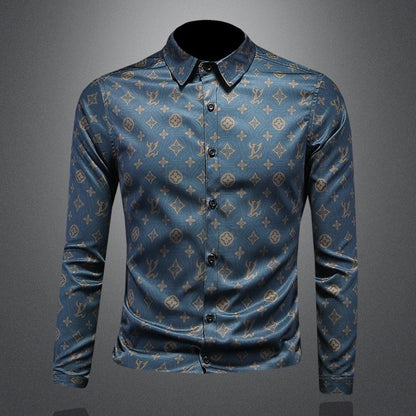 【#A442】Men Luxury Monogram Print Slim Fit Long Sleeve Shirt, Smooth Ice Silk Business Casual Blouse