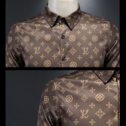 【#A442】Men Luxury Monogram Print Slim Fit Long Sleeve Shirt, Smooth Ice Silk Business Casual Blouse