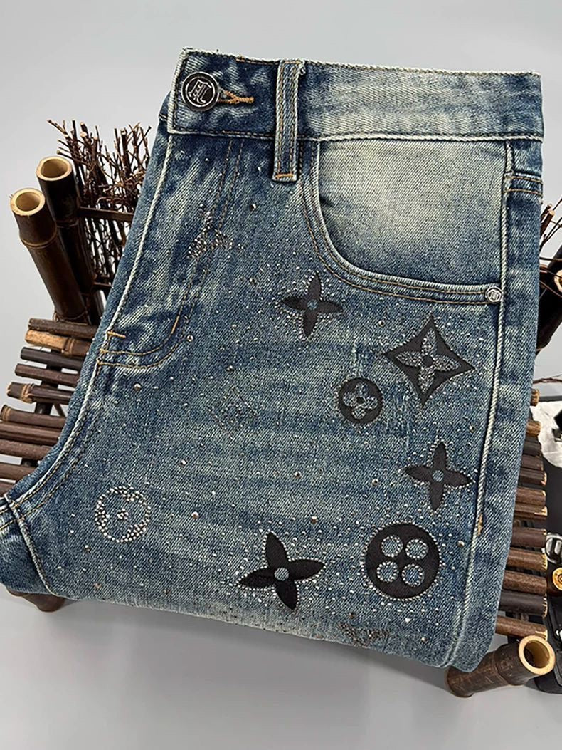 【#A444】Vintage Washed Rhinestone Clover Embroidered Jeans, Men Slim Gradient Skinny Denim Pants