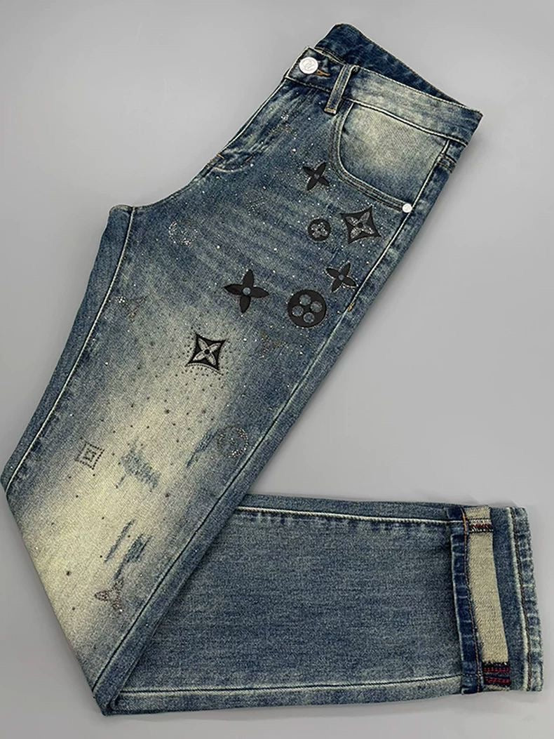 【#A444】Vintage Washed Rhinestone Clover Embroidered Jeans, Men Slim Gradient Skinny Denim Pants