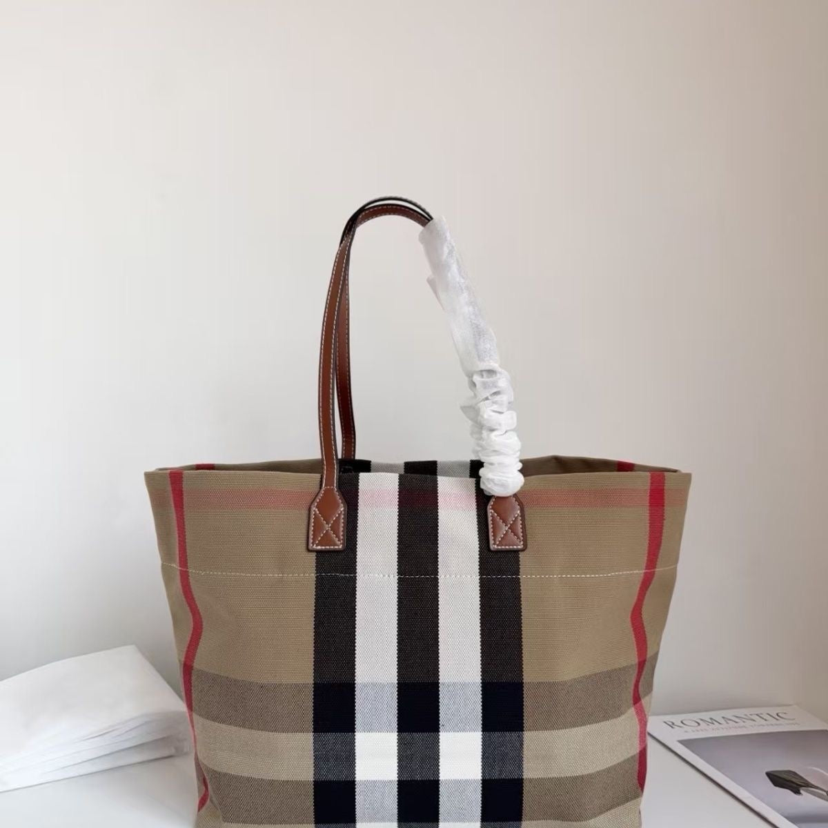 【#A447】Classic Retro Color Plaid Tote Bag, Large Capacity Commute Leather Handle Shoulder Shopping Bag