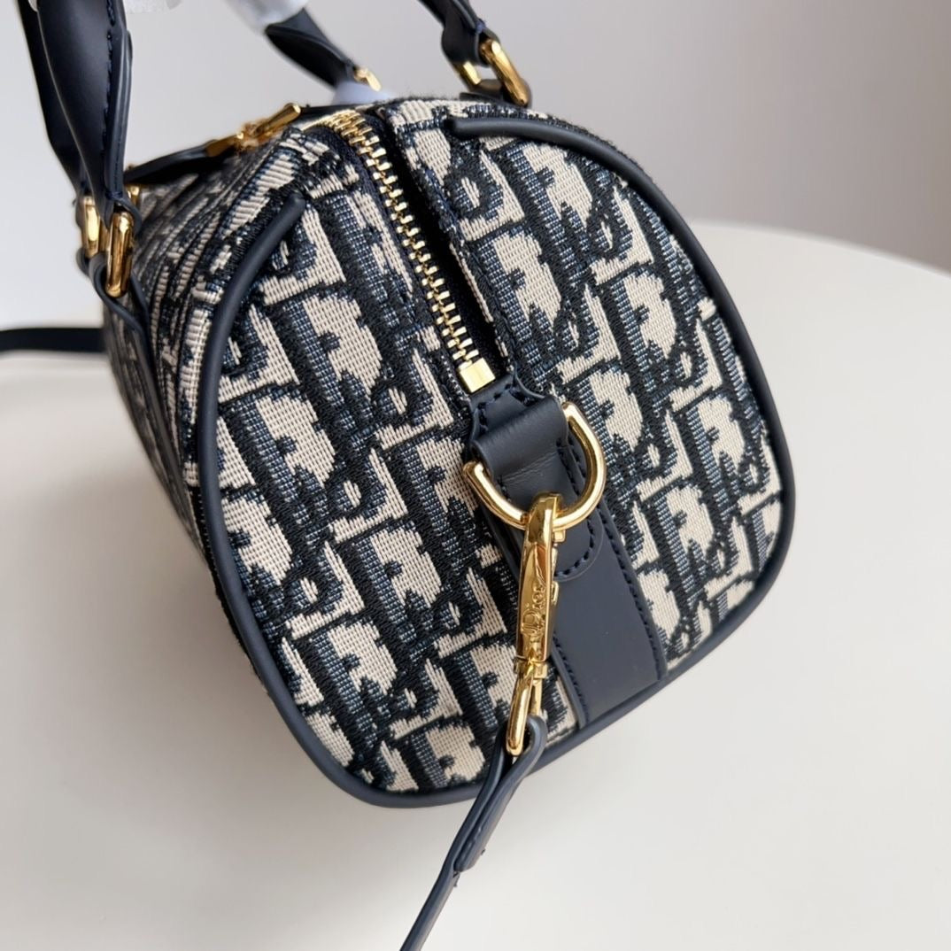 【#A448】Vintage Jacquard Mini Boston Bag, Compact Handheld Crossbody Cylinder Purse