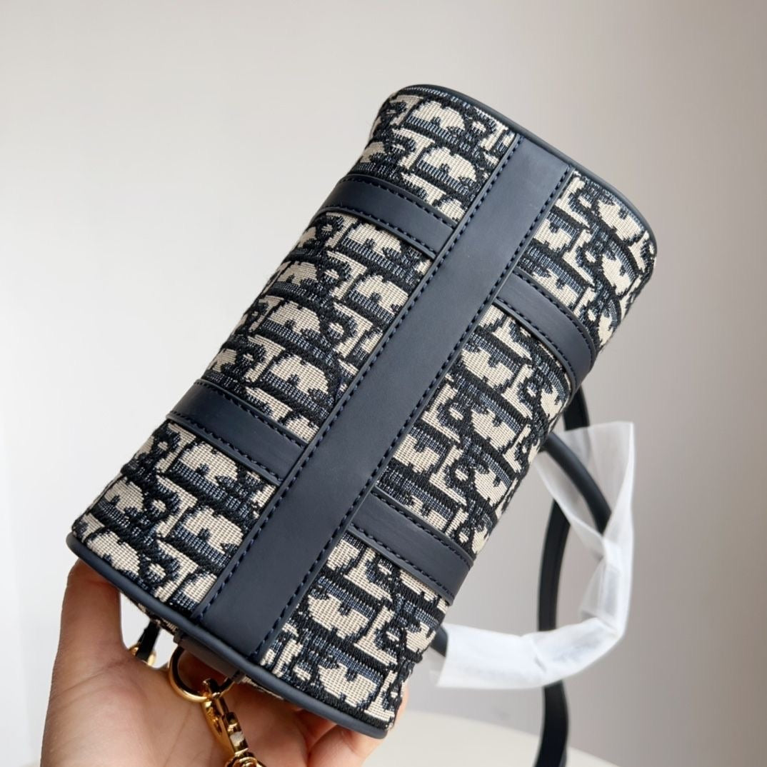 【#A448】Vintage Jacquard Mini Boston Bag, Compact Handheld Crossbody Cylinder Purse