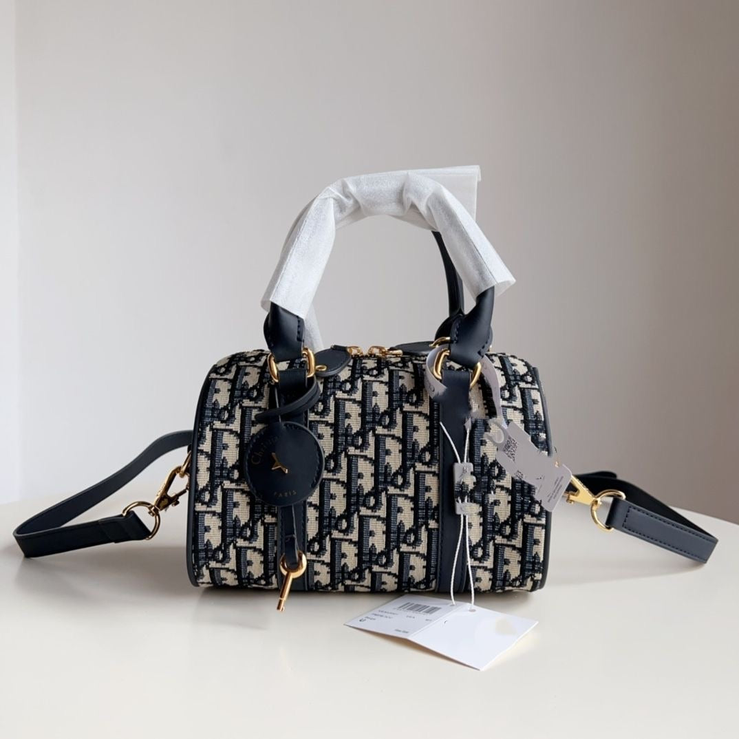 【#A448】Vintage Jacquard Mini Boston Bag, Compact Handheld Crossbody Cylinder Purse