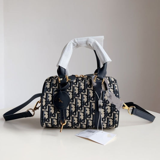 【#A448】Vintage Jacquard Mini Boston Bag, Compact Handheld Crossbody Cylinder Purse