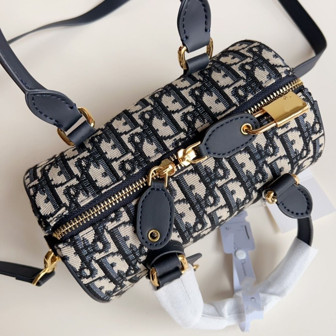 【#A448】Vintage Jacquard Mini Boston Bag, Compact Handheld Crossbody Cylinder Purse