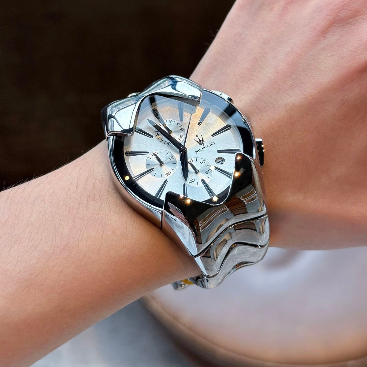 【#A449】Men Irregular Wave Steel Band Chronograph Watch, Trend Large Dial Multi-Function Business Quartz Wristwatch