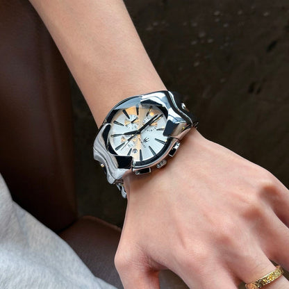 【#A449】Men Irregular Wave Steel Band Chronograph Watch, Trend Large Dial Multi-Function Business Quartz Wristwatch