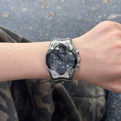 【#A449】Men Irregular Wave Steel Band Chronograph Watch, Trend Large Dial Multi-Function Business Quartz Wristwatch