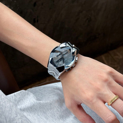 【#A449】Men Irregular Wave Steel Band Chronograph Watch, Trend Large Dial Multi-Function Business Quartz Wristwatch